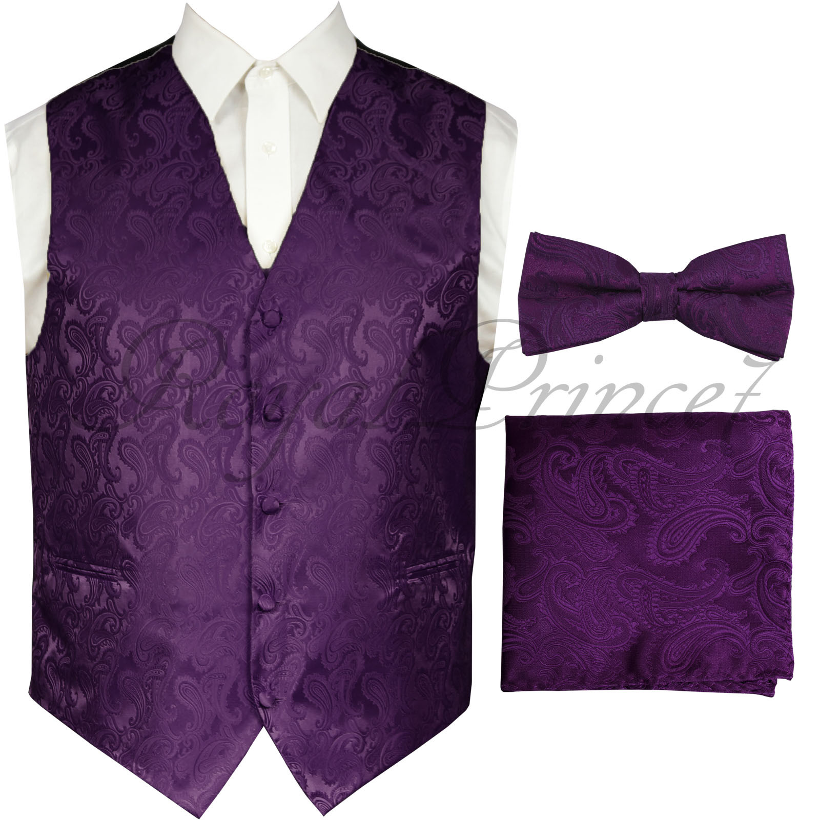 Dark Purple Men Paisley Tuxedo Suit Dress Vest Waistcoat & Bow tie & And Hankie