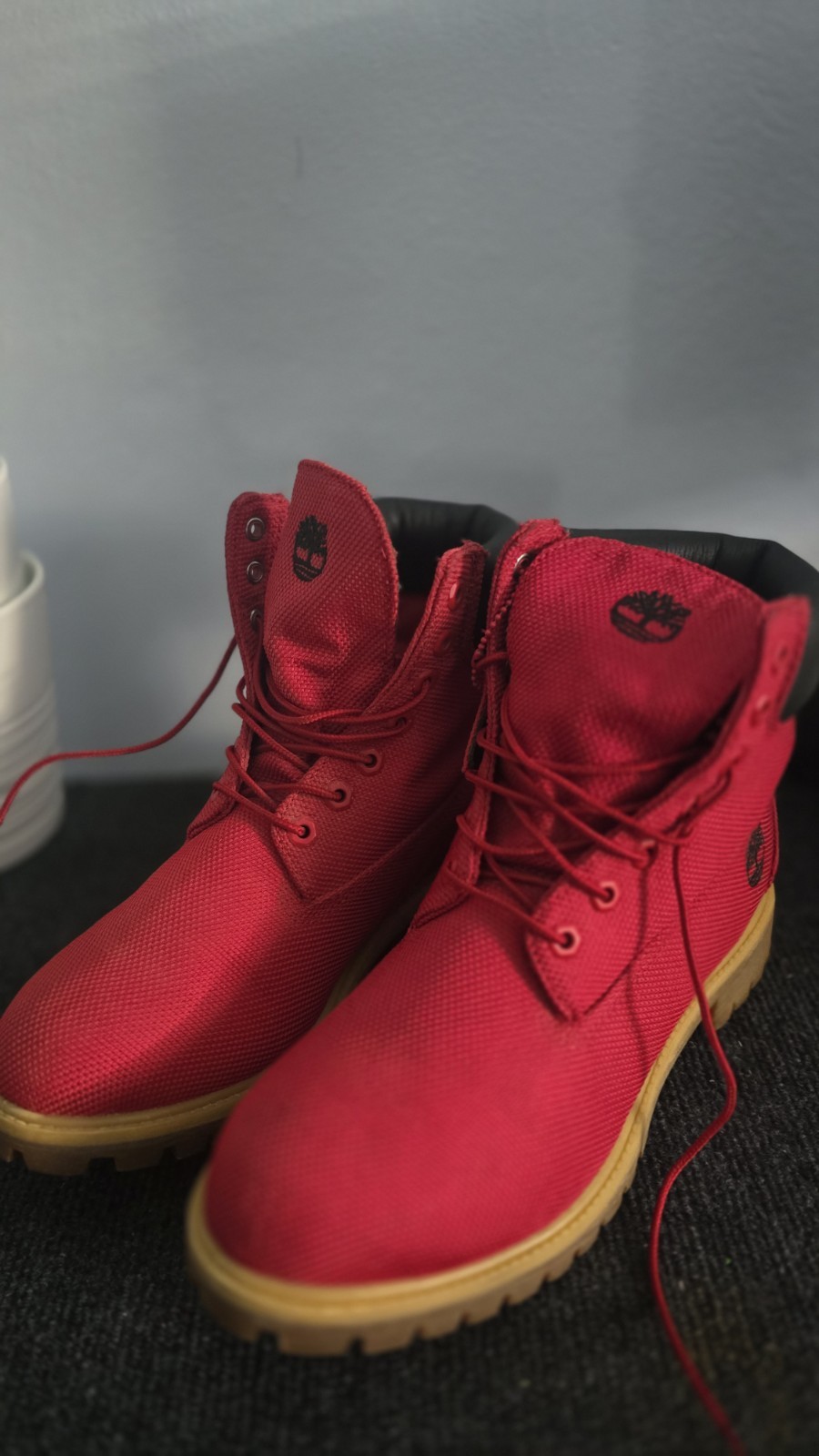 Timberland 6 Inch Premium Boots Red Mesh Canvas Waterproof Mens Size 9.5