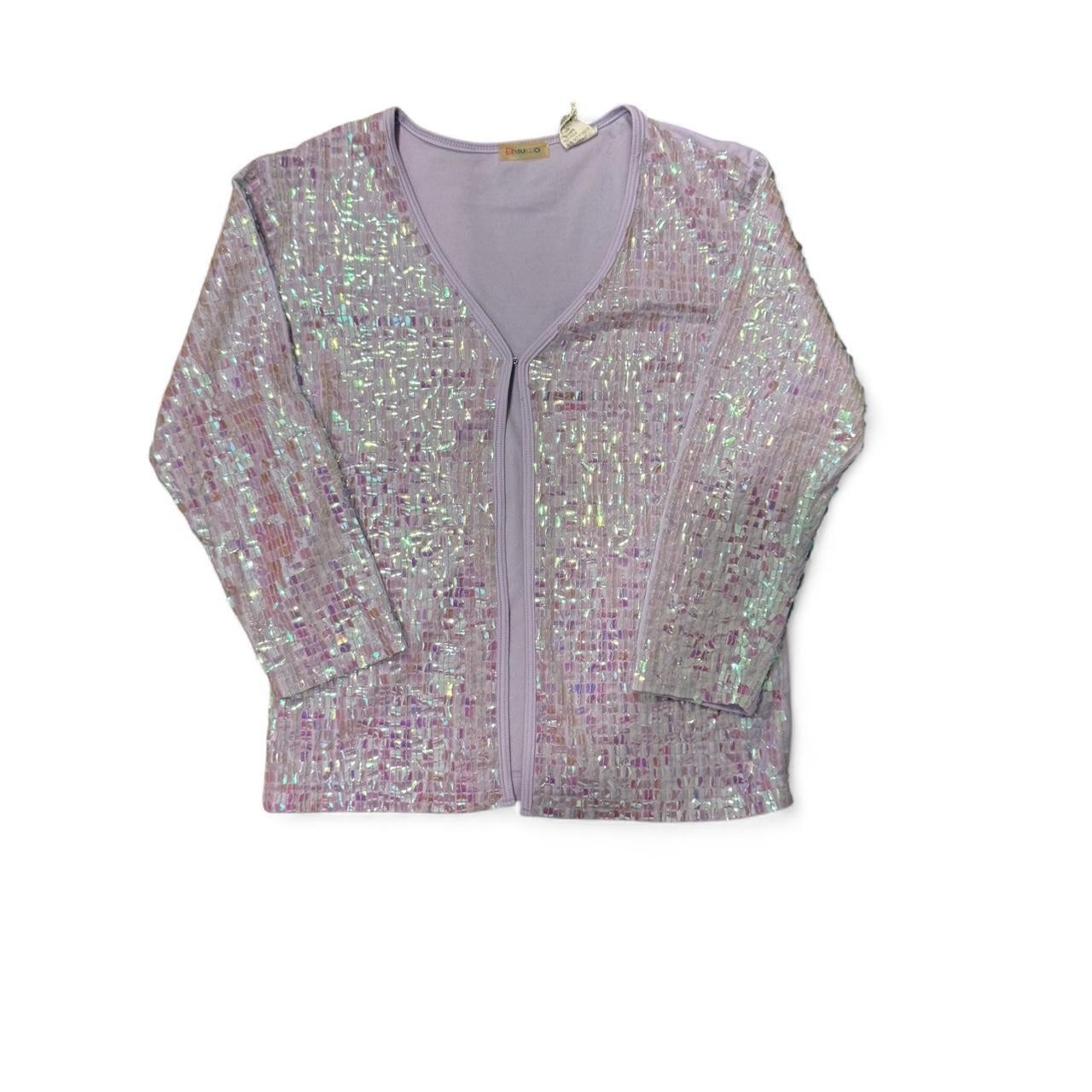Lilac sequin cardigan with 3/4 sleeves and hook and eye closure