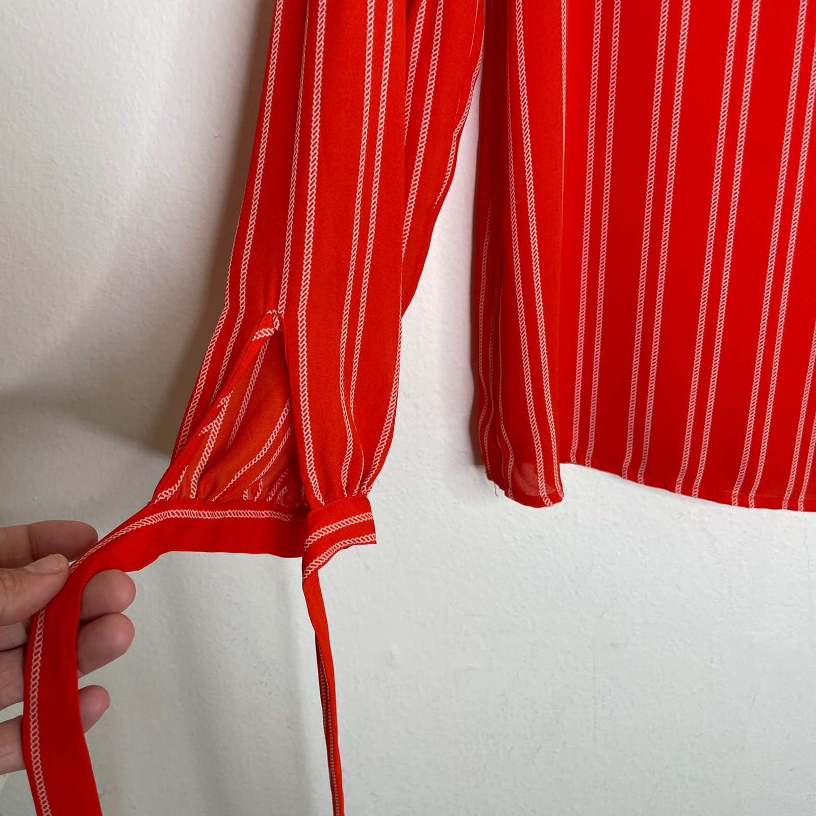 Rose + Olive Blouse Womens Small Red Striped Bishop Sleeve Tie Cuff Top Office