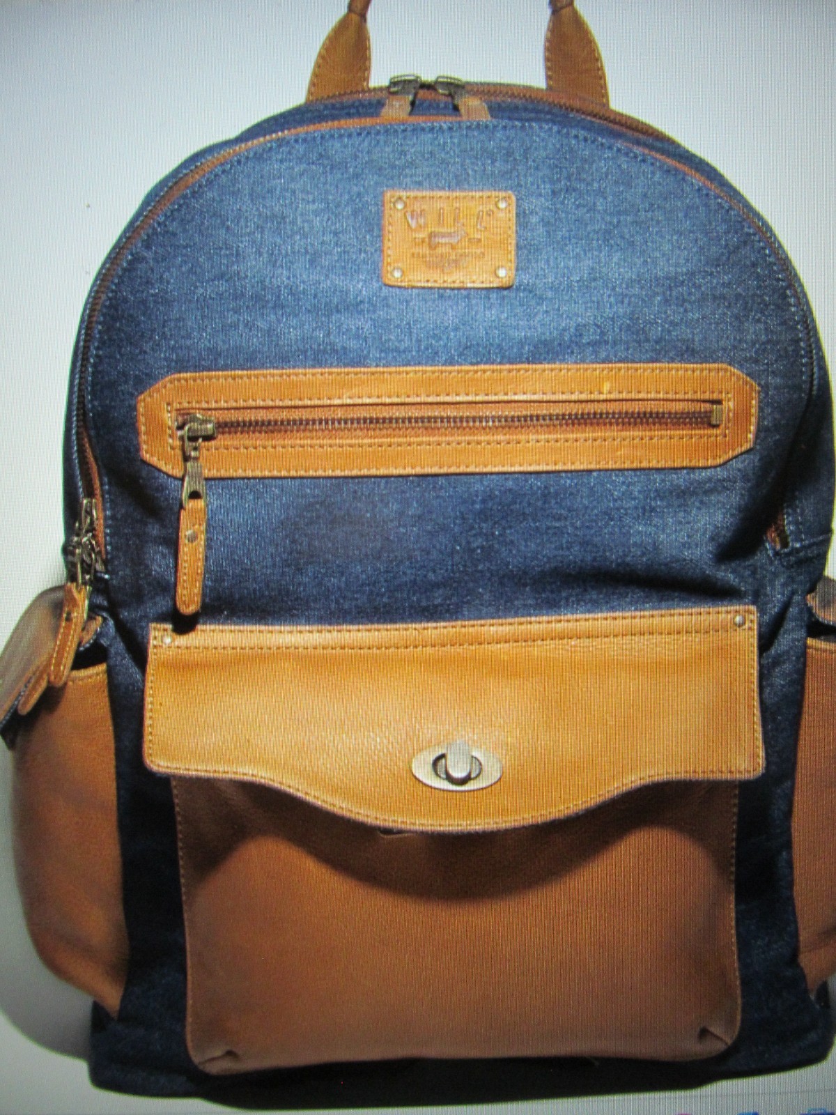 Will Leather Goods Eugene, OR Denim/Tan Leather & Canvas 15″ Laptop Backpack-NWT