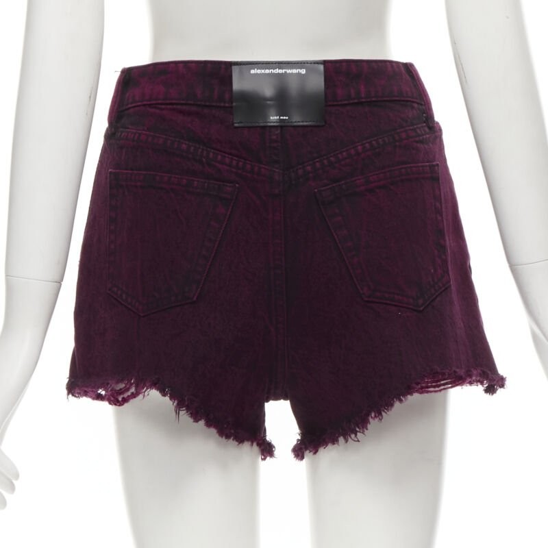 ALEXANDER WANG Bite berry red black washed side zip frayed denim shorts 25″