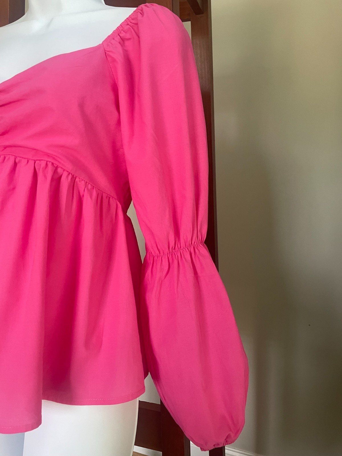 Altar’d State Hot Pink Medium Puff Sleeve Back Ribbed Babydoll Top