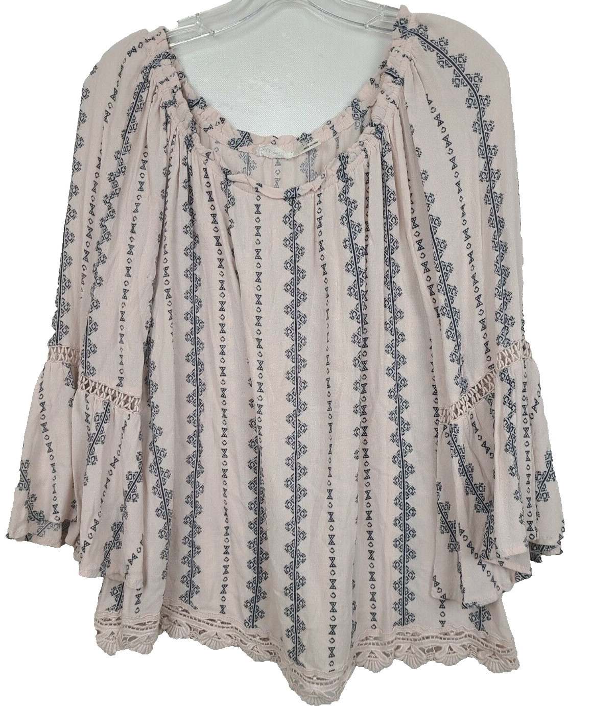 Blu Pepper BOHO Cottagecore Top Large Pale Pink Printed Crochet Bell Sleeve