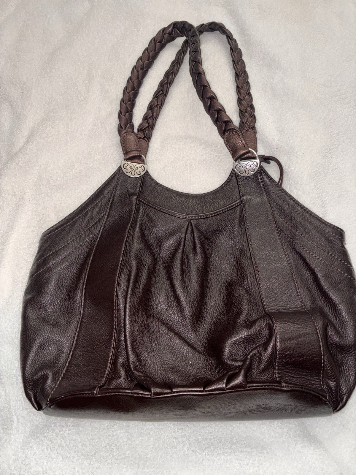 Brighton Large Brown Shoulder Bag Braided Handles Heart Charm Paisley Lining