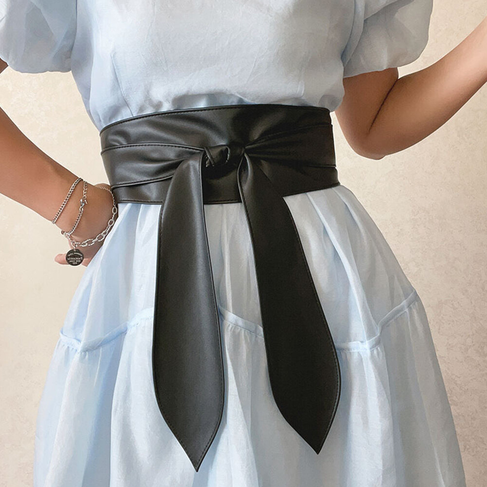 Wide Bowknot Corset Belt Lace Up Tied Knot Waist Strap Ribbon Soft PU Cummerbund