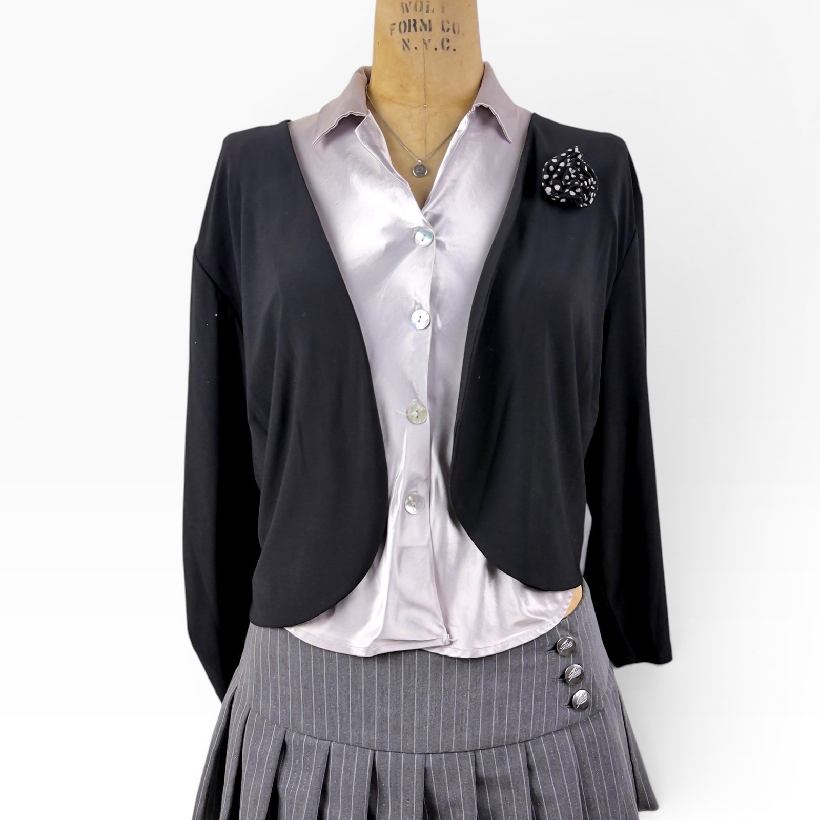 Y2K Rosette Brooch Bolero Shrug Polka Dot Open 3/4 Sleeve Dark Romantic Size L