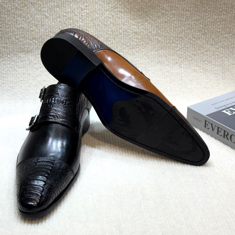 Real Leather Low Heel Pointy Toe Business Casual Mens Buckle Monk Shoes Oversize
