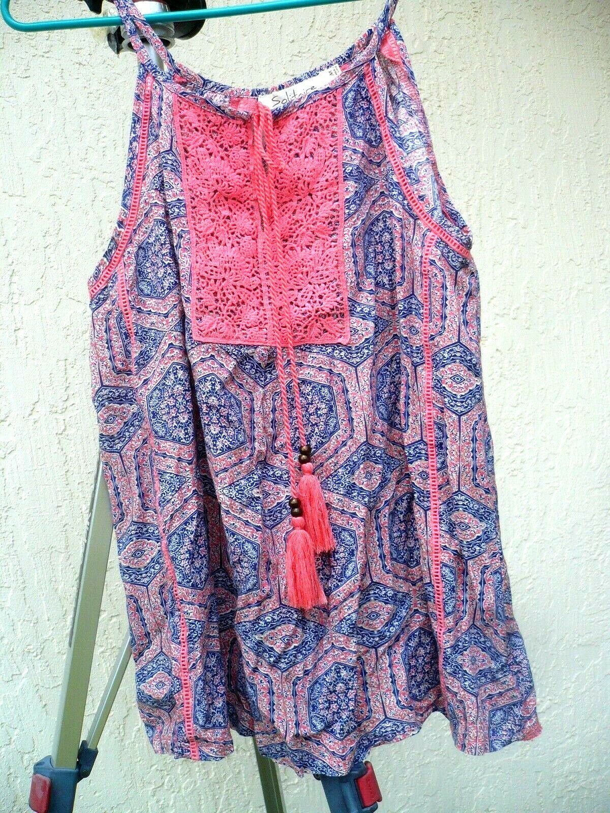 SOLITAIRE TENT EMBROIDERED M CORAL CROCHET SLEEVELESS HIPPIE LOOK TASSEL BLOUSE