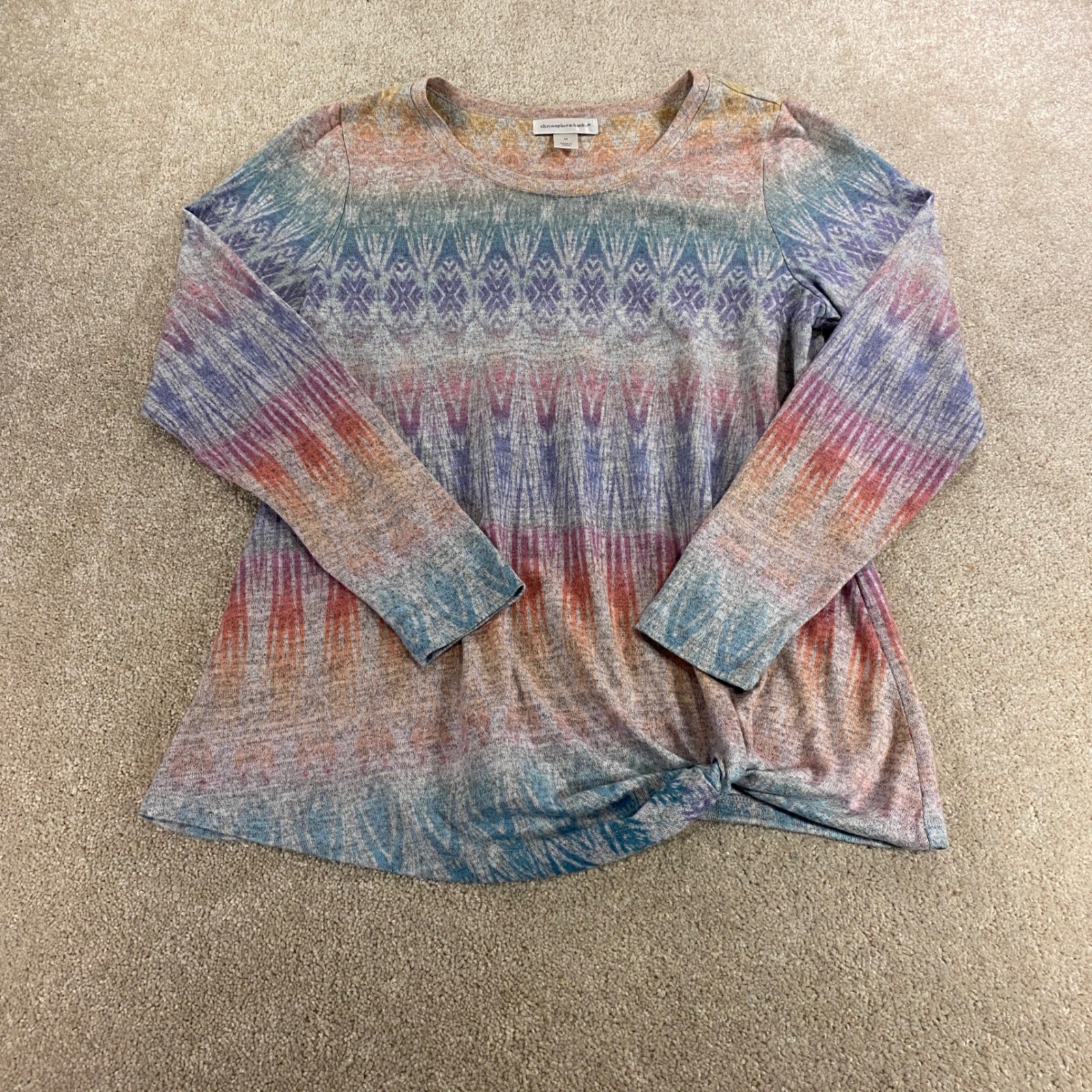 Christopher & Banks Top Womens Medium Multi Ikat Print Side Knot Long Sleeve