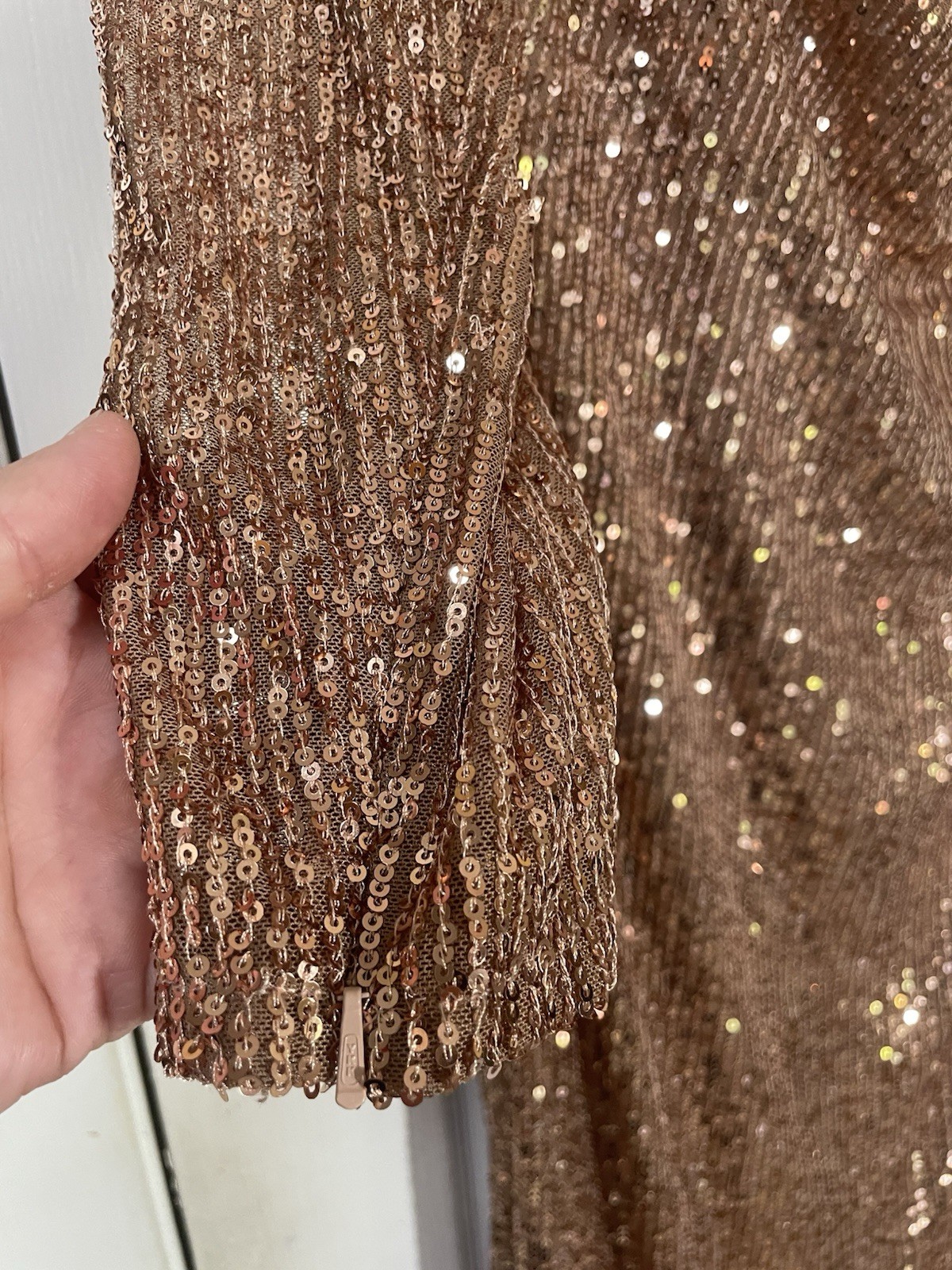 Ieena By Mac Duggal Dress Gown Size 14 Drop Shoulder Sequin New NWT Rose Gold