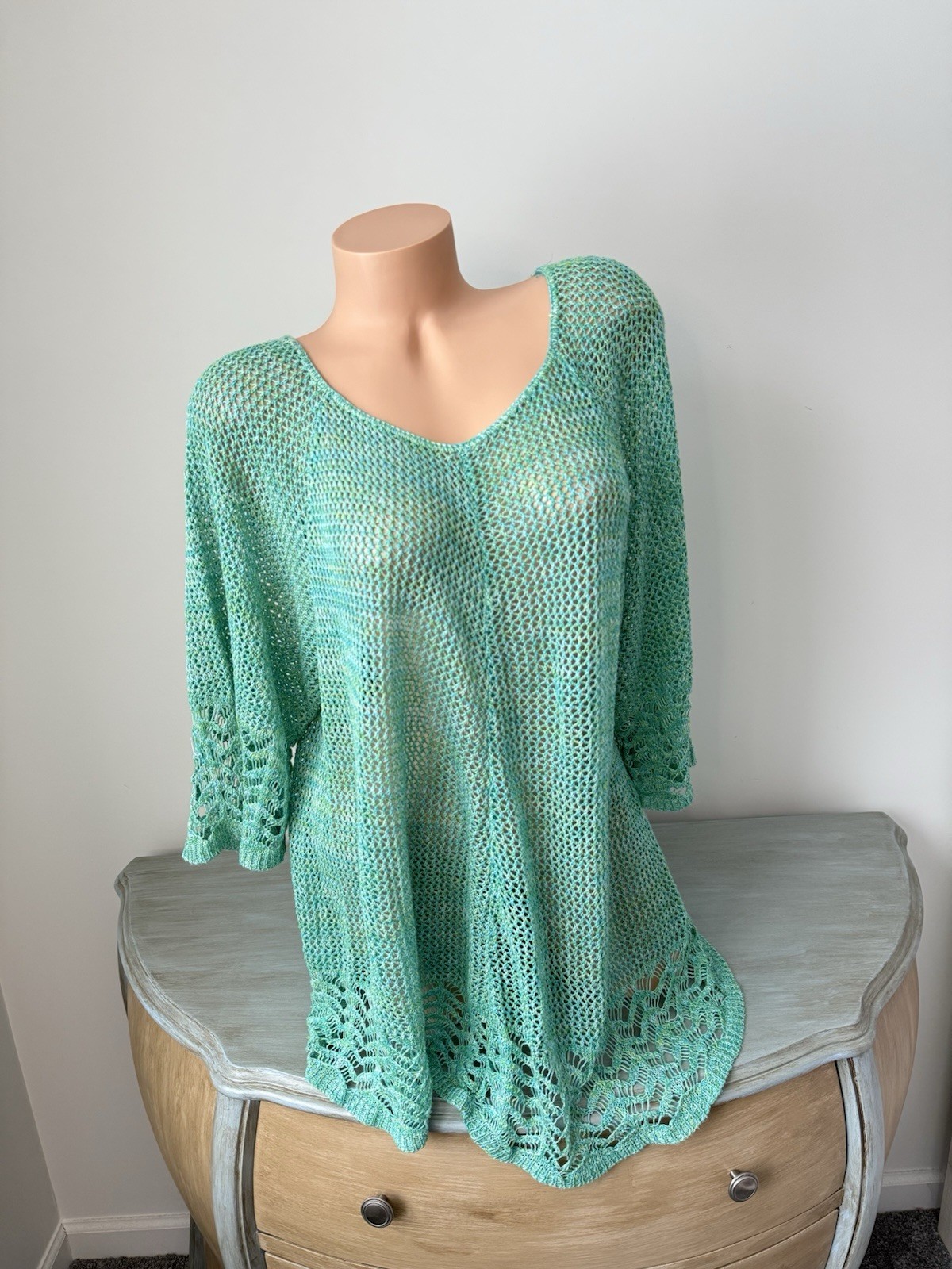 Teal Green Open Knit Crochet Sweater 2x Top Sheer Granola Seafoam Coasta