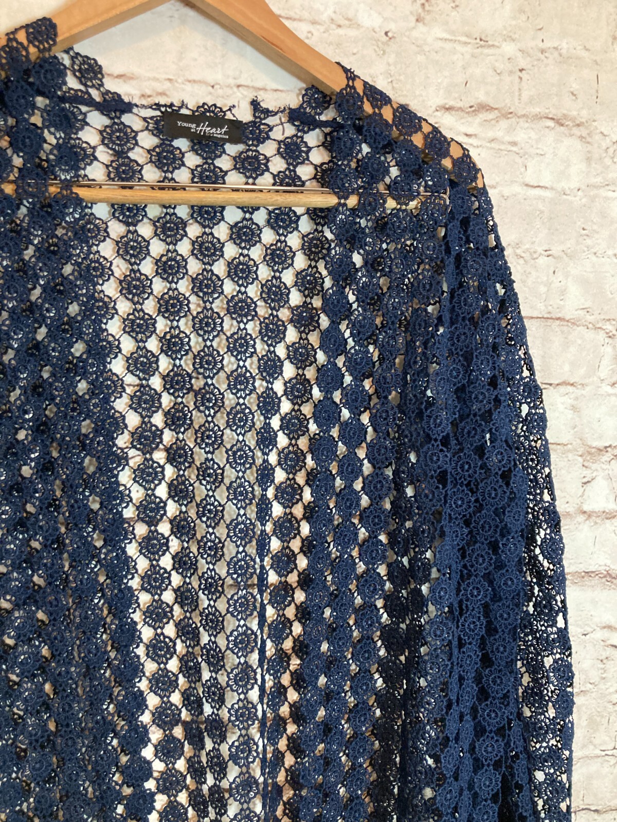 Young at Heart L.A. Top Women Small Navy All Over Crochet Long Length Open Front
