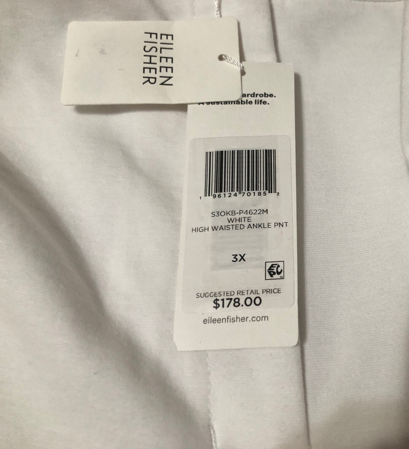 NWT EILEEN FISHER “3X” WHITE ORG COTTON BLEND PONTE HI WAISTED ANKLE PANTS $178