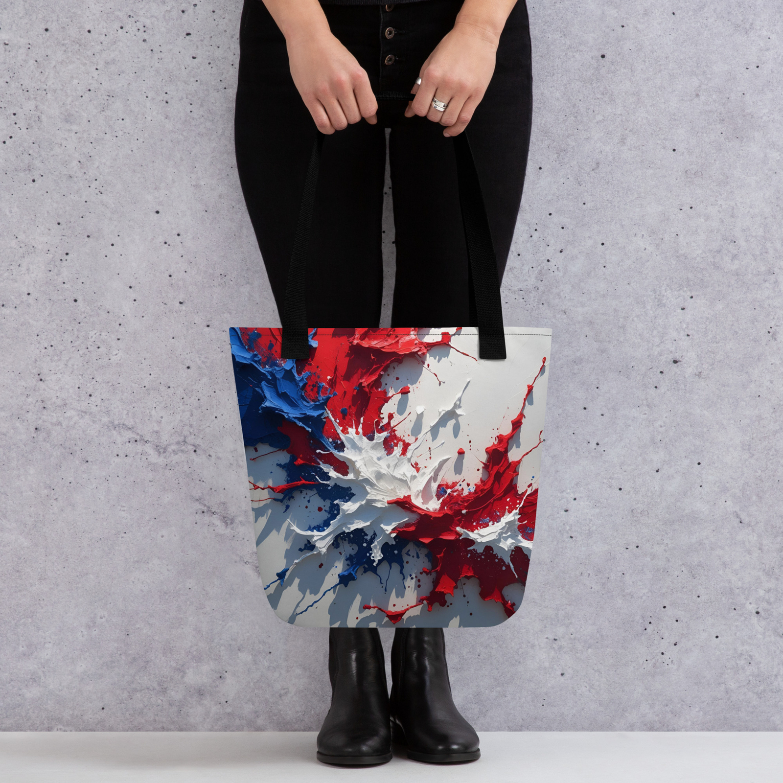 Red White Blue Paint Splatter Tote Bag 15×15 USA Patriotic Canvas Style Gift