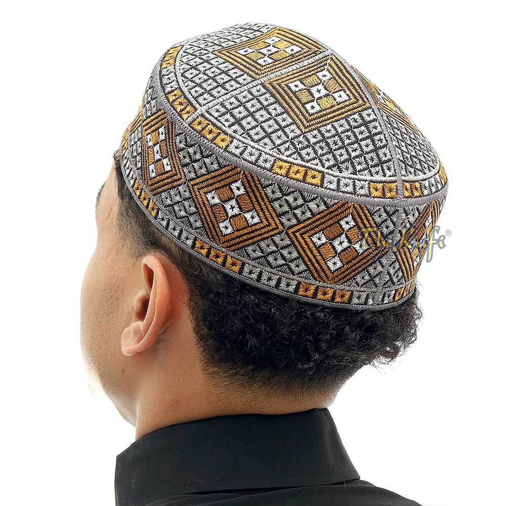 Dark Gray Rust Brown Embroidered Diamond Design Semi-rigid Pakistani-style Kufi
