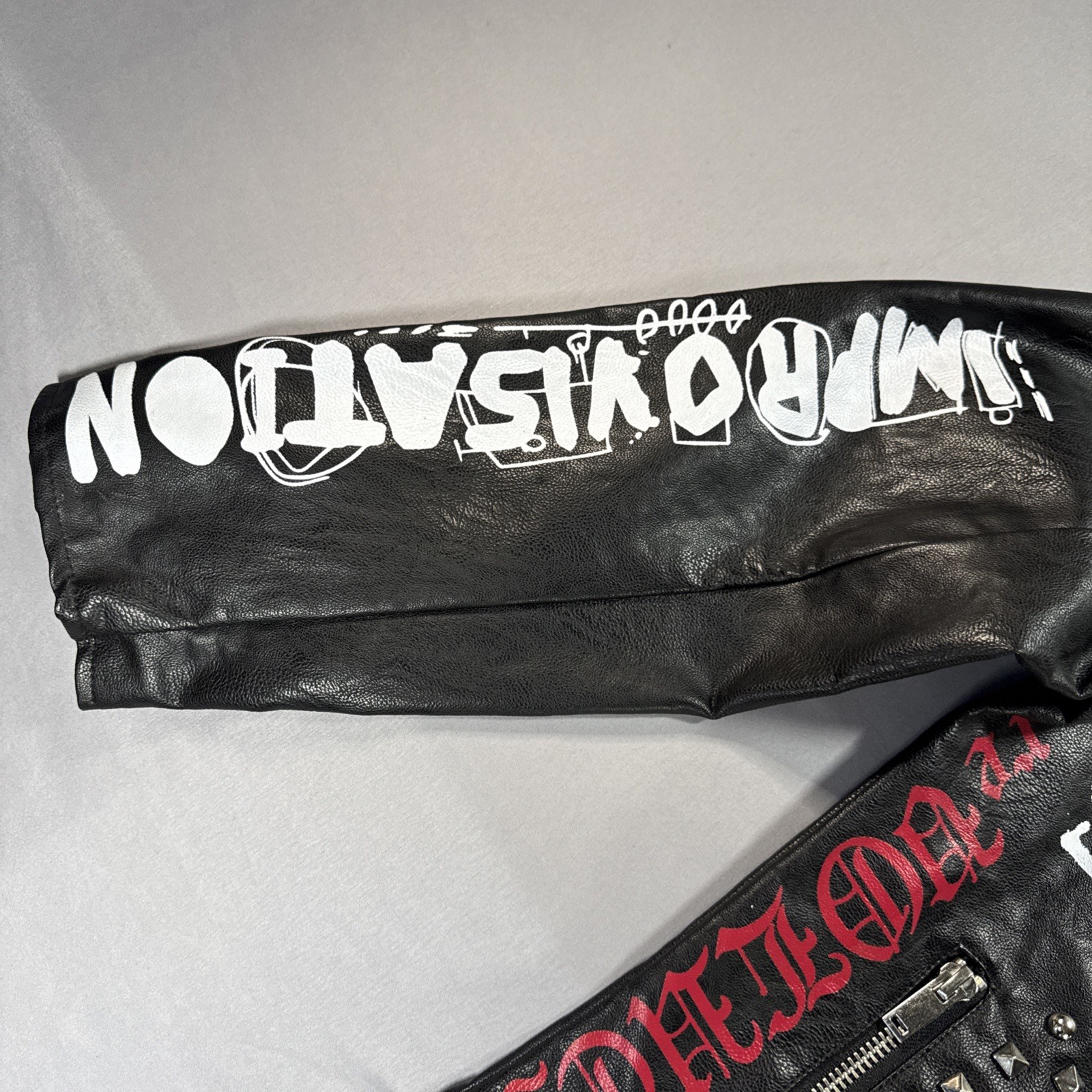 Smoke Rise Graffiti Vegan Leather Jacket Large Studded Punk Rock Moto Music NWT