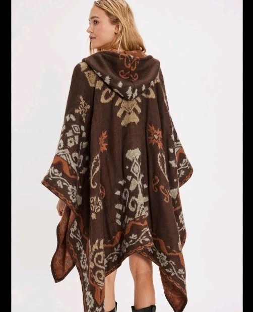 Free People Rown Duster Brown Patterned Hooded Poncho with Rust Accents OS