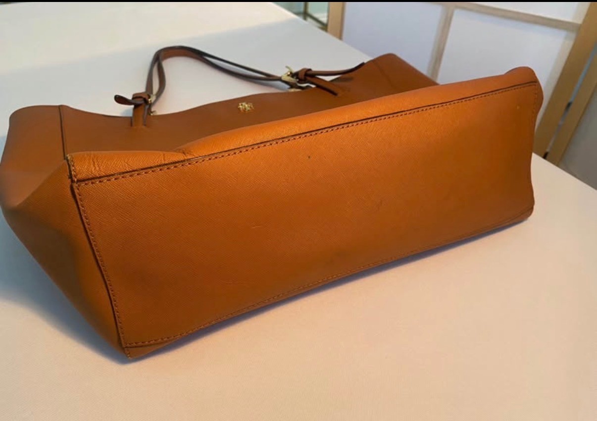 Tory Burch Brown Saffiano Leather. Large buckle tote