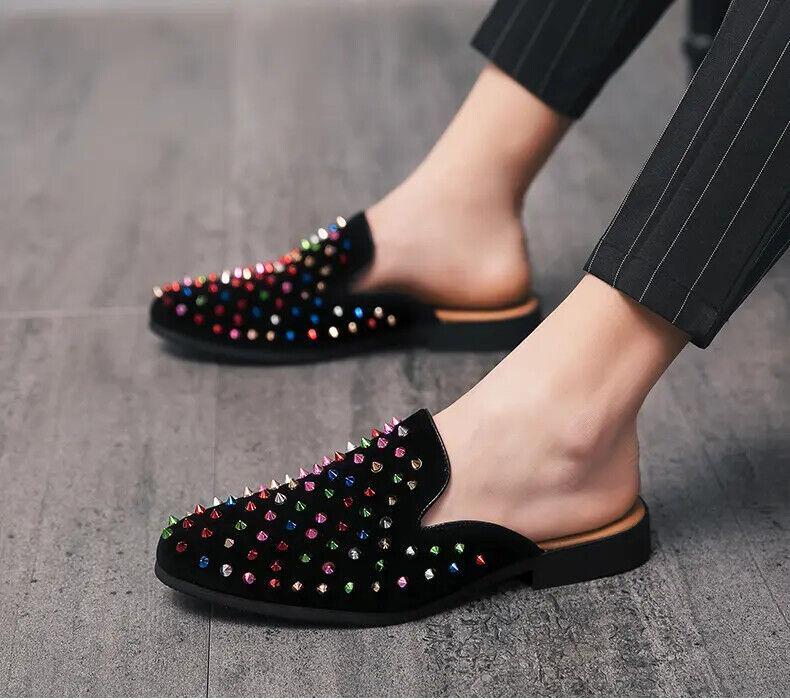 Men‘s Rivets Spike Mules Slippers Slip On Casual Round Toe Shoes Studded Hot