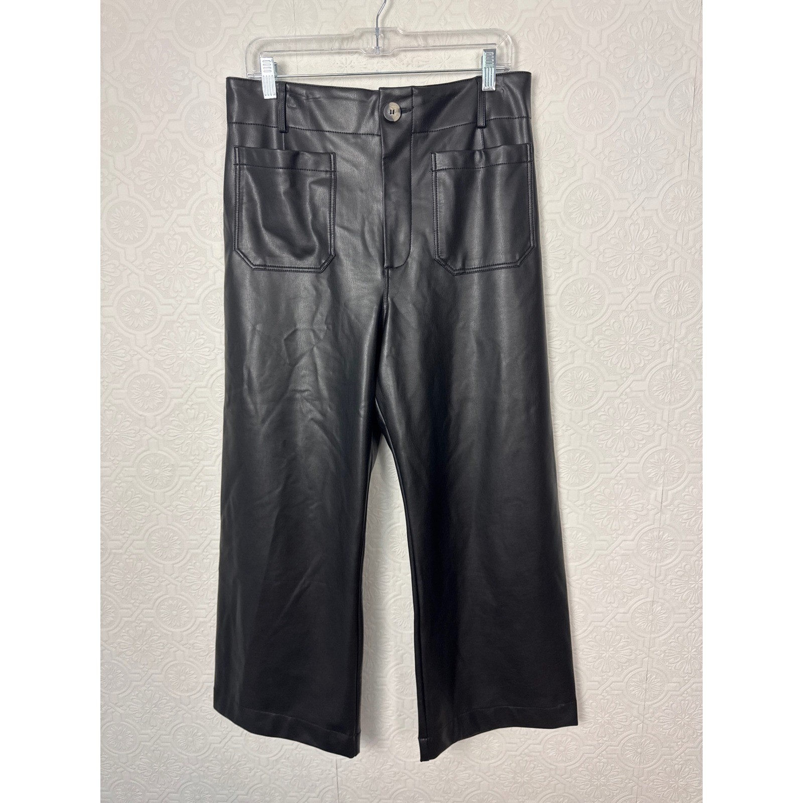 Maeve Anthropologie The Colette Faux Leather Pants Black Wide Leg Cropped 31