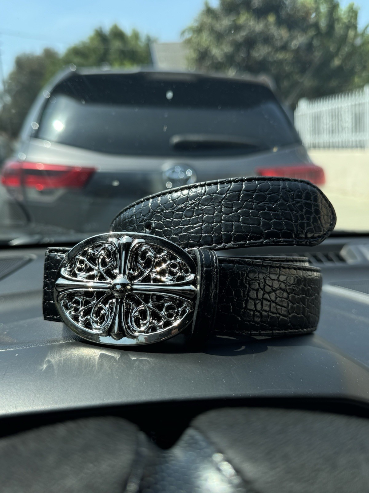 Chrome Hearts Style Belt Shiny Metal Buckle Genuine Leather Belt Black Croc Men