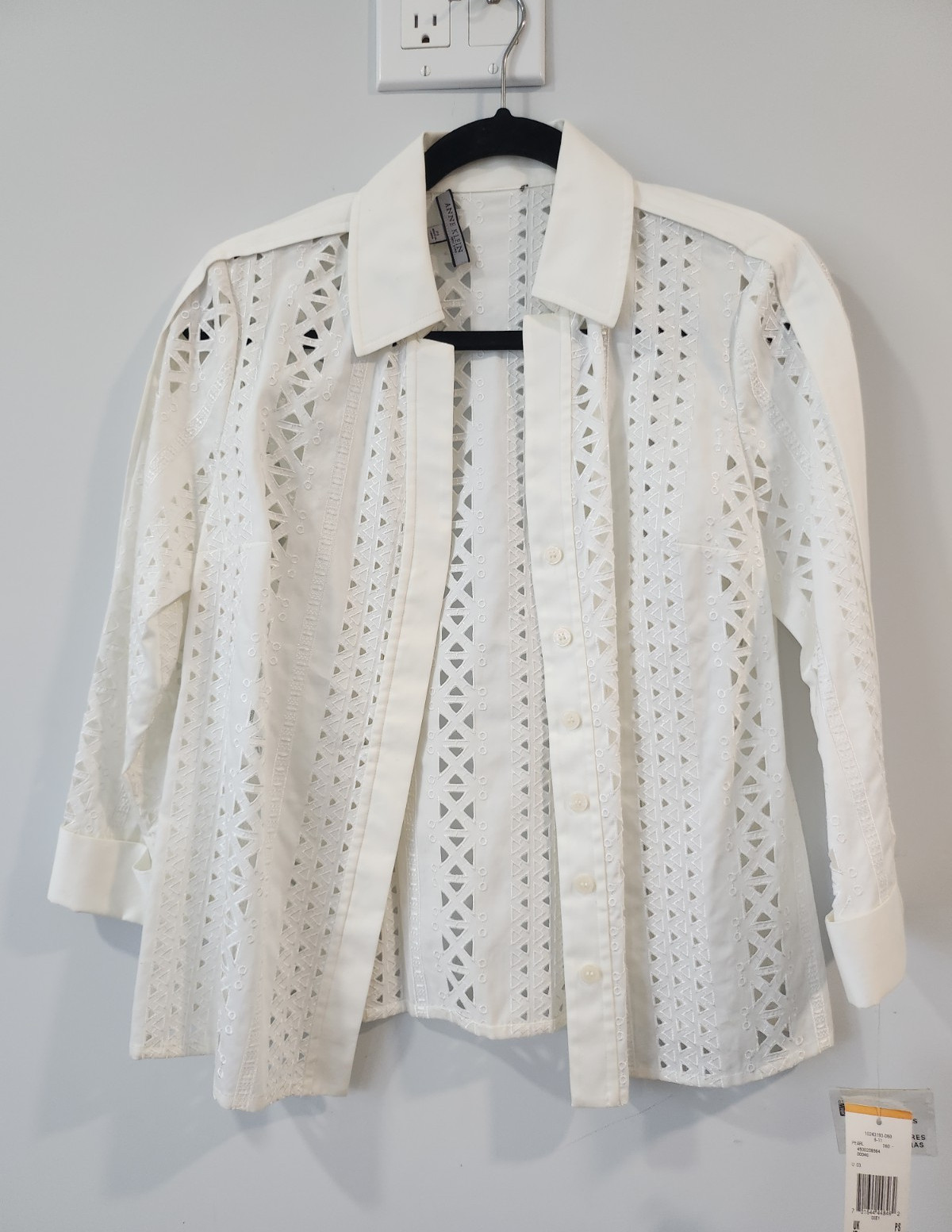 Anne Klein White Cotton Eyelet Collared 3/4 Sleeve Button-Down Blouse PS
