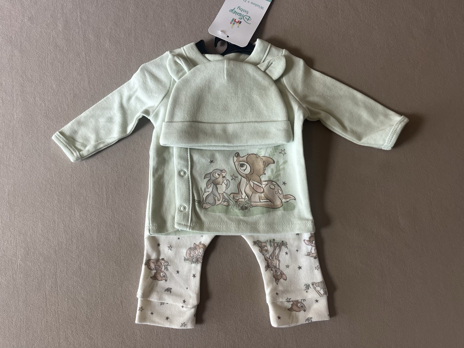 Disney Baby Unisex “Bambi & Thumper” Newborn Long-Sleeve Top, Pants & Bib, New!
