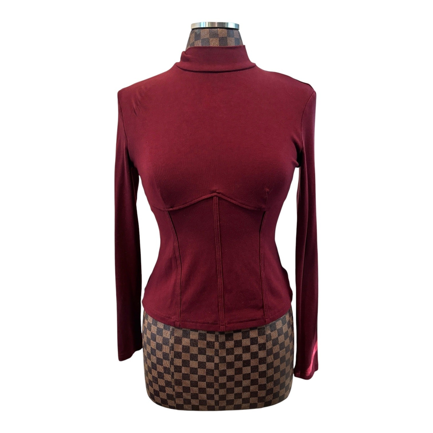 Commense Burgundy Corset-Style Knit Top Large High Neck Long Sleeve Shirt Goth