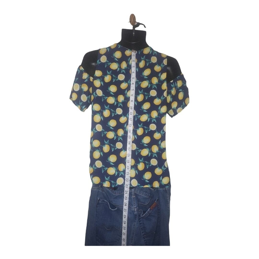 Blue Pair Womens Medium Blouse Navy Lemon Print Cold Shoulder Top Made in USA
