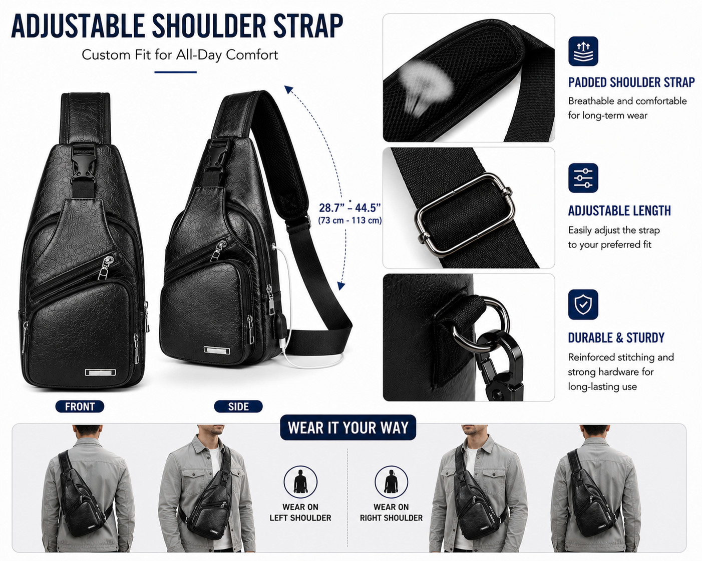 Black Chest Crossbody Bag Sling Backpack for Men with USB Charge Port
