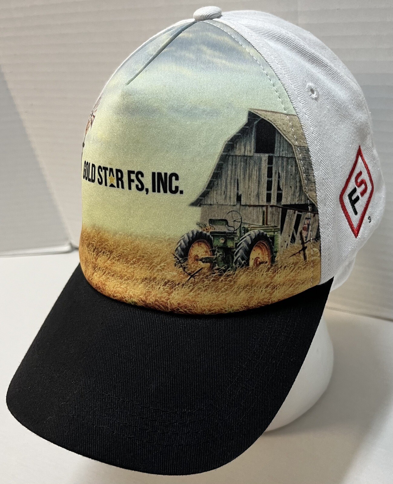 GOLD STAR FS Seed Corn Adjustable Ball Cap Hat Windmill Tractor Barn Farmer EUC