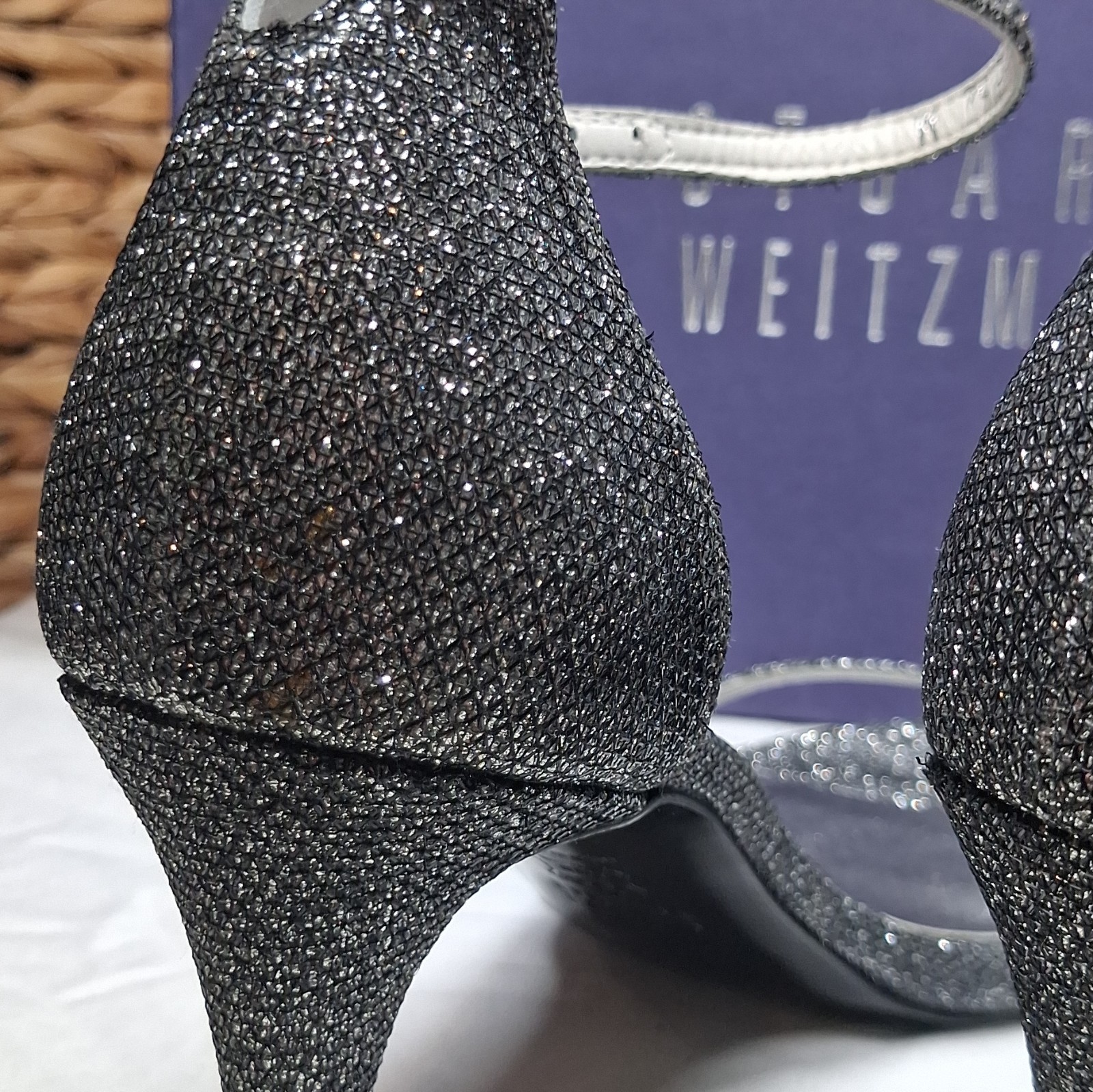 Stuart Weitzman Pewter Glitter Ankle Strap Stiletto Open Toe Heels 7B