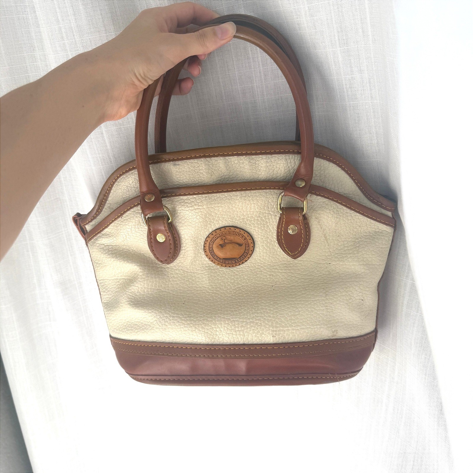 Vintage Dooney & Bourke All Weather Leather Dome Satchel Beige Brown Duck Bag