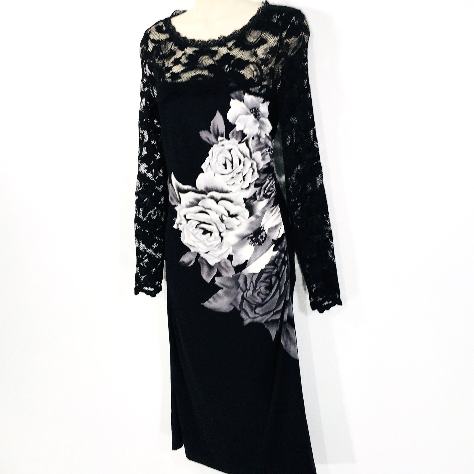 Phase Eight Black Silky Jersey & Lace Ruched Midi Dress Sz 14 Fairy Whimsy Goth
