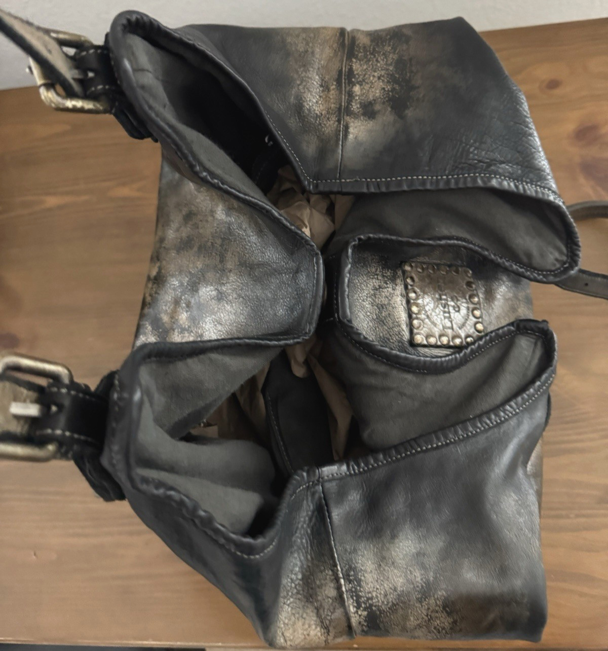 Lusher Soft and Slouchy Hobo Stone Washed Black Raw Onyx Italian Leather Studded
