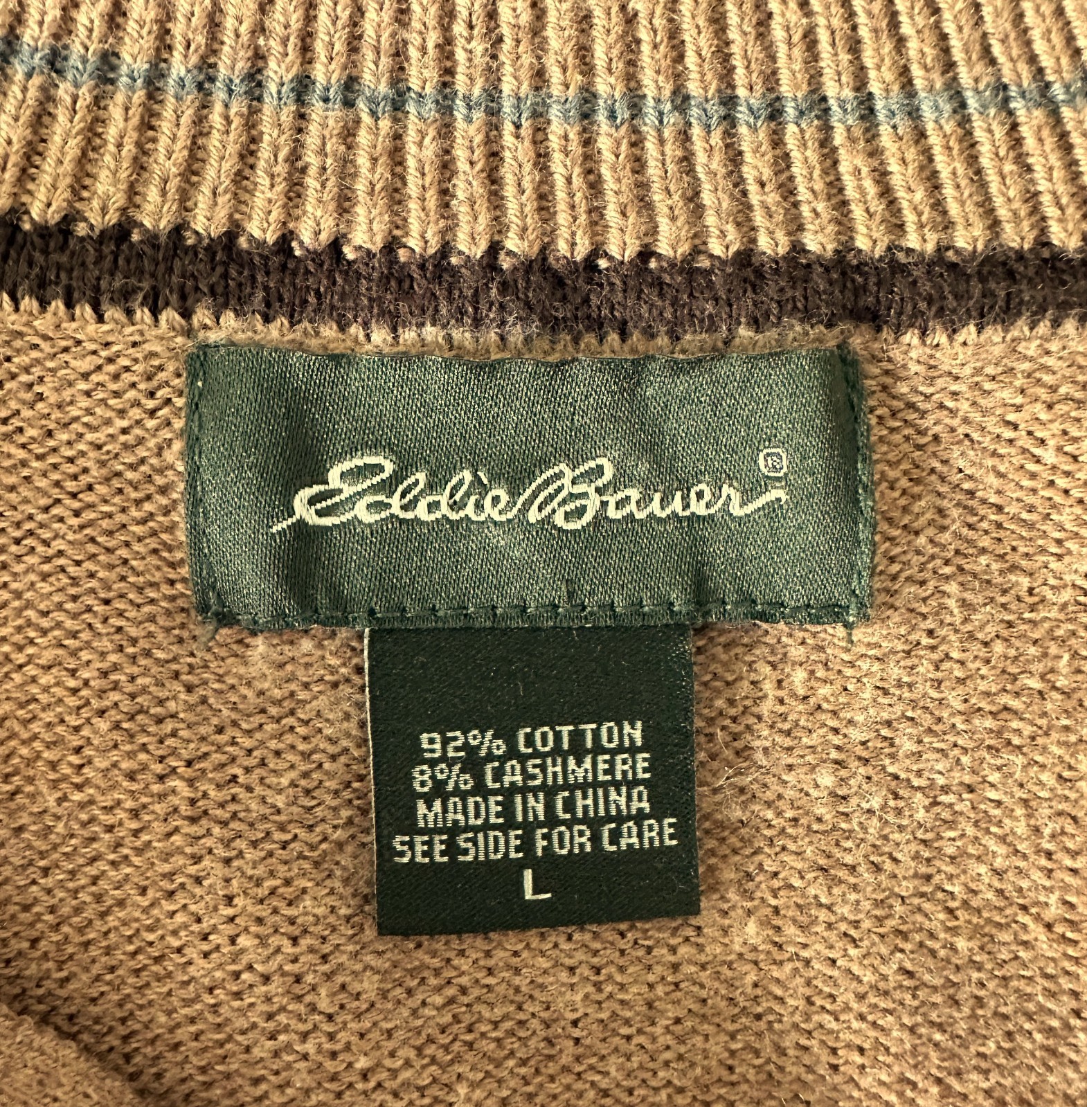 Eddie Bauer Mens Large Cotton Cashmere Quarter Zip Sweater Camel Brown