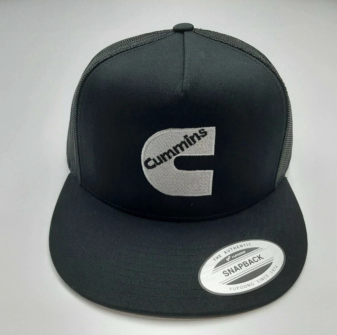 Cummins Flat Bill Yupoong Embroidered Baseball Cap Hat Black Trucker Mesh