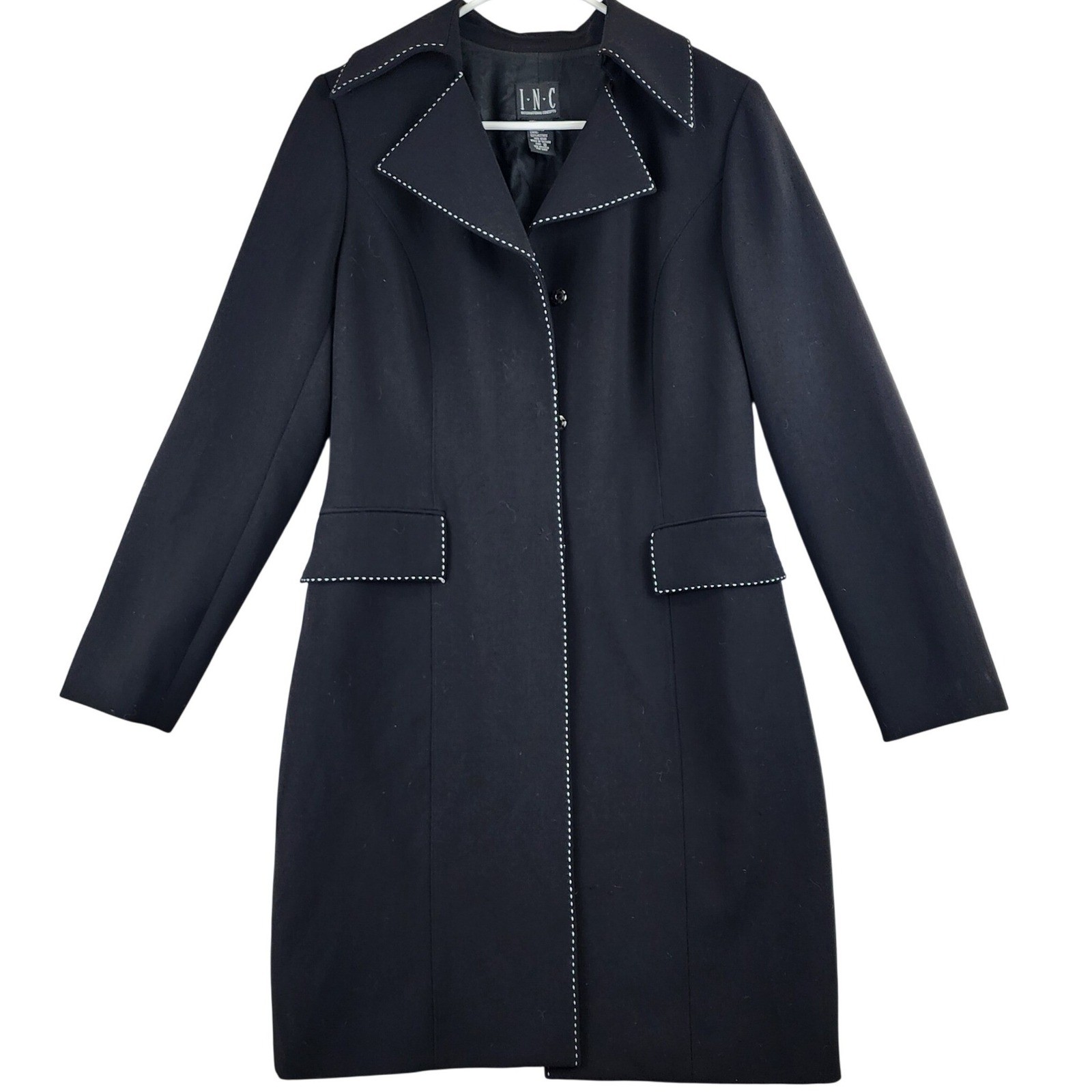 INC International Concepts Longline Trench Coat Womens 8 Black White Stitching