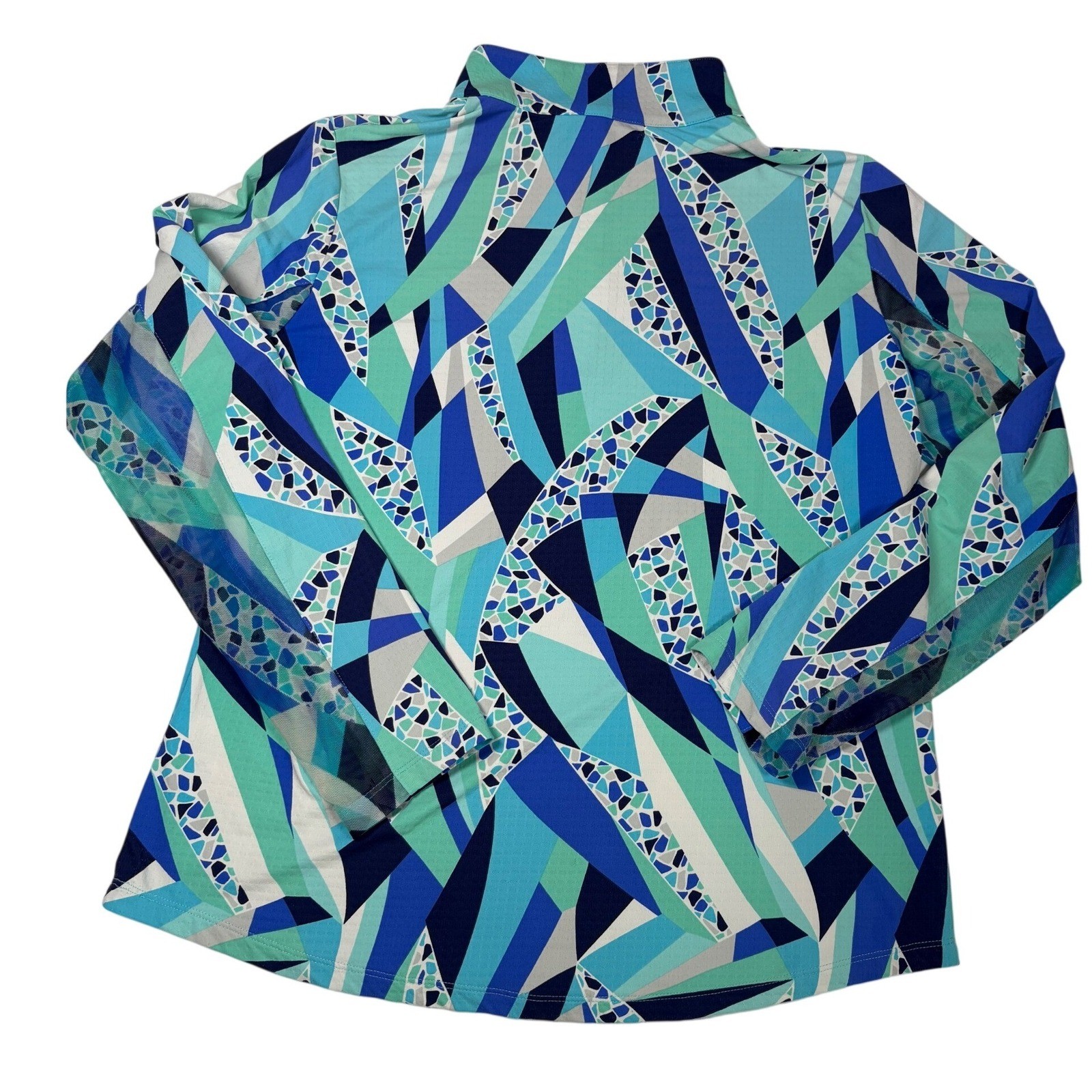 IBKUL Briana Long Sleeve Mock Neck Top Sun Shirt Blue Geometric Mosaic UPF 50 L