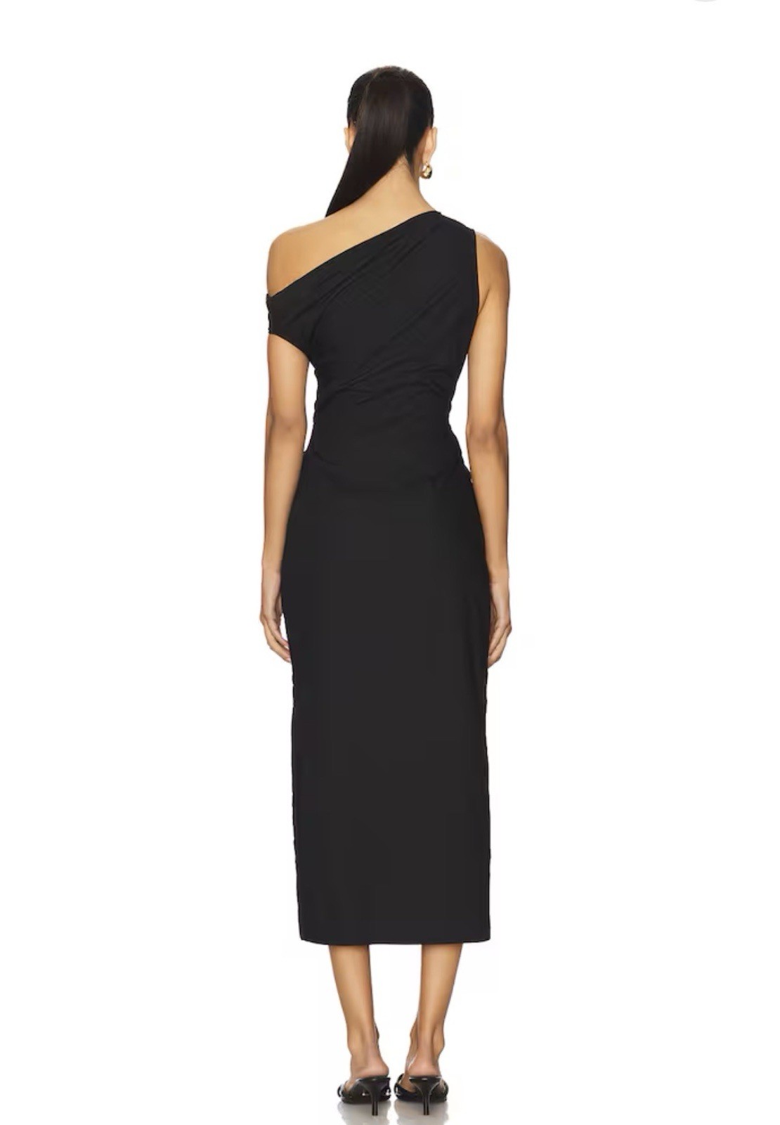 Enza Costa Revolve Black Cotton Poplin Structured Ruched Off Shoulder Midi Dress
