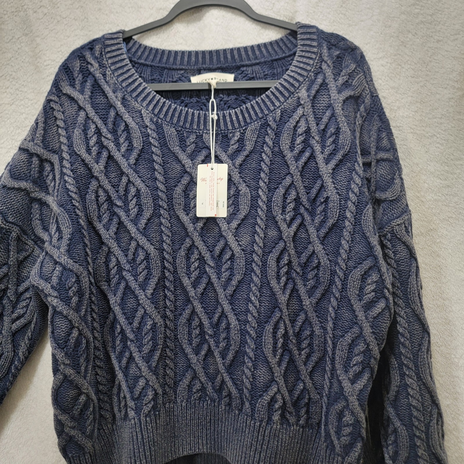 NWT Lucky Brand Cadet Navy Acid Wash Chunky Cable Knit Pull Over Sweater Wom XL