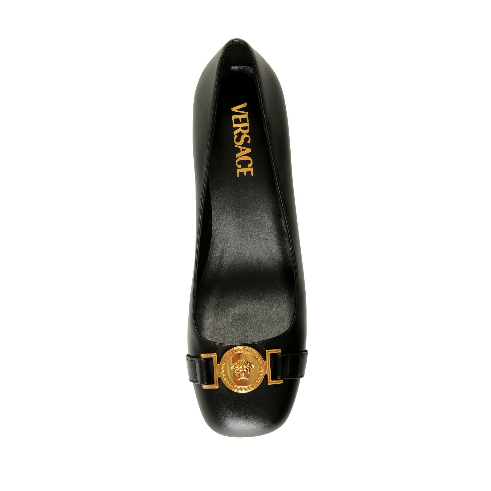 Versace Women’s Gold Medusa Black Leather Heeled Pump Shoes US 10 IT 40