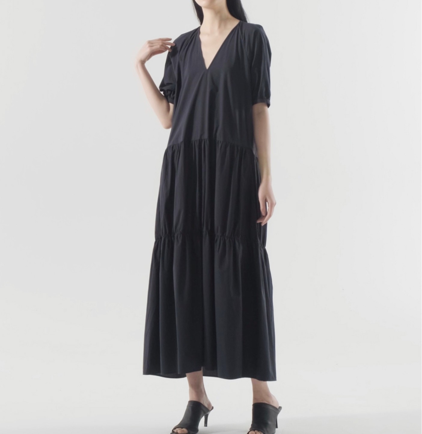 COS cotton maxi dress size 2 preowned tiered puff sleeve v-neck minimal boho