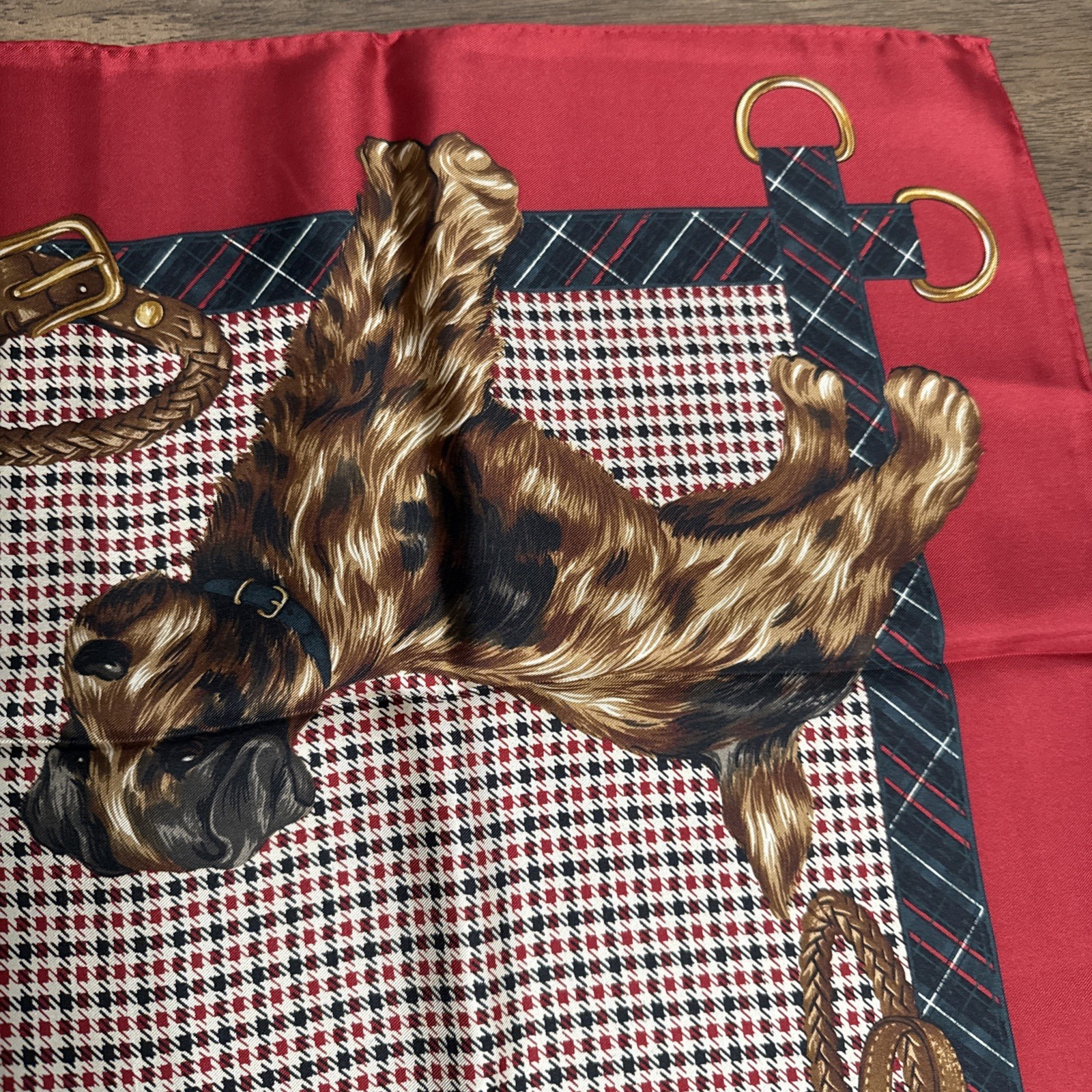 Vintage 35” Ralph Lauren Houndstooth Silk Scarf Best In Show Dogs Heritage Dog