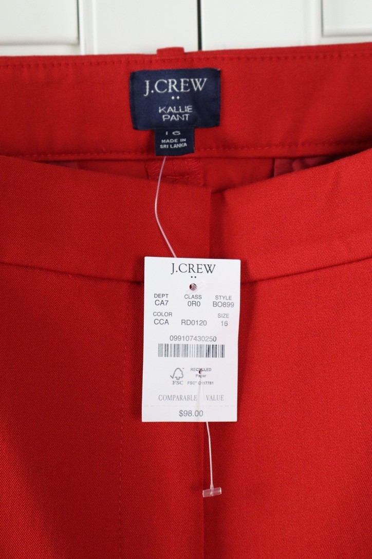 J.CREW Factory NWT $98 Solid Red Kallie Cotton Blend Straight Leg Pants Size 16