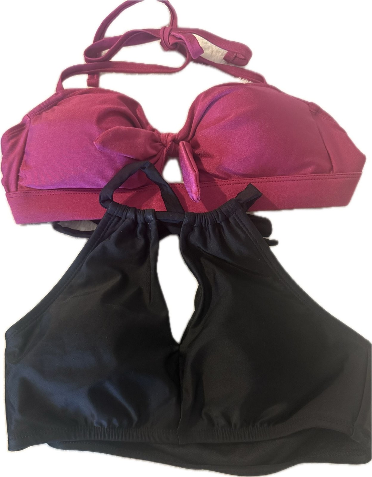 Time and Tru Women’s Bikini Swim Top Bundle (1 Pink Tie-Front, 1 Black Halter)
