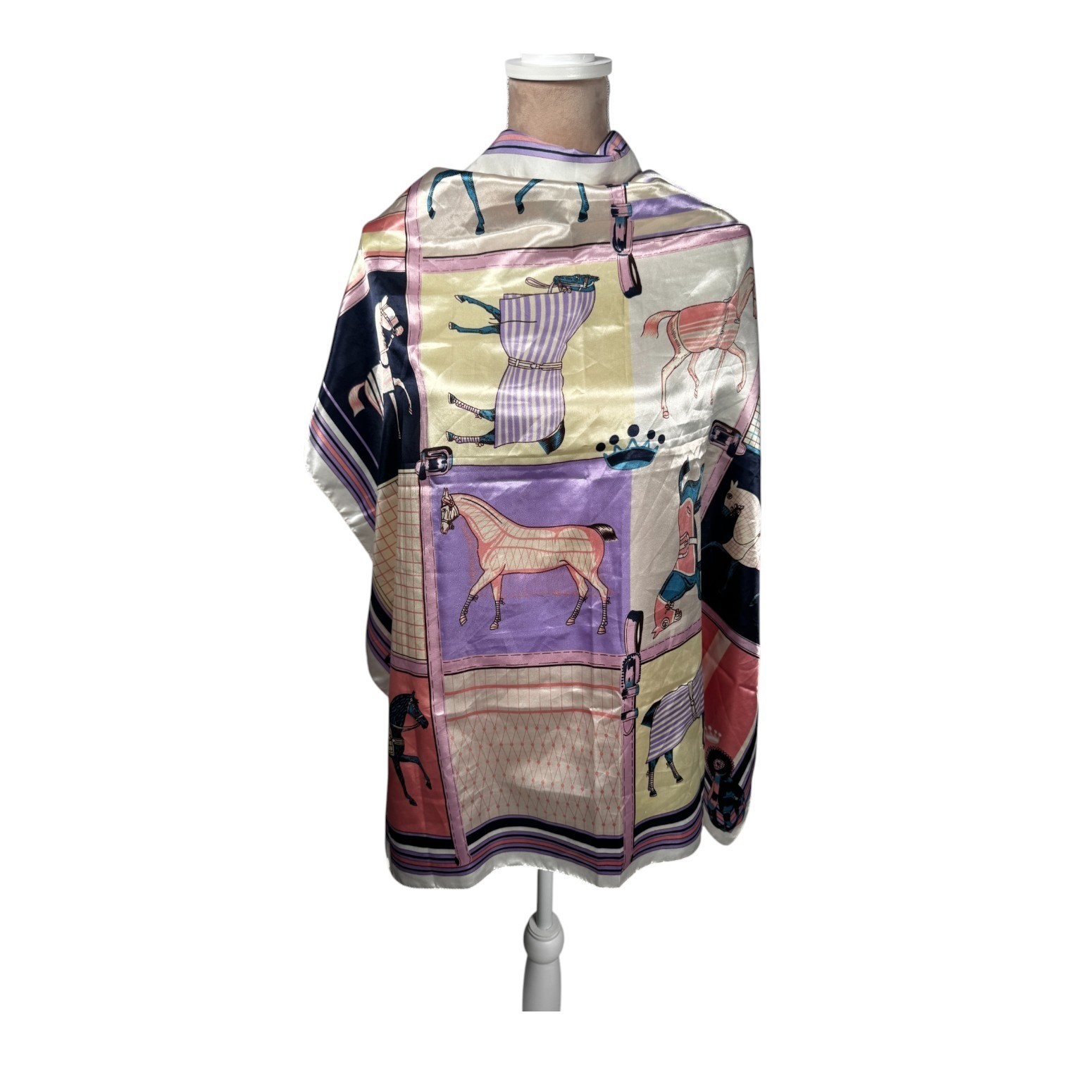 Unbranded Equestrian Square Scarf 35in Multicolor Horse Print Vintage Style