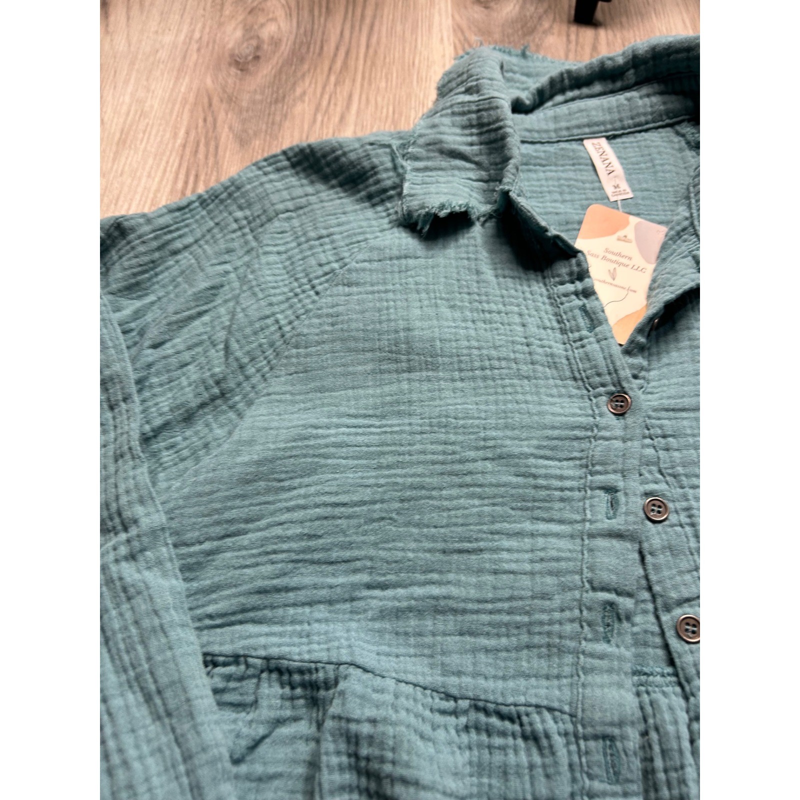 ZENANA Muslin Gauze Button Down Shirt Tunic Teal Blue Size M