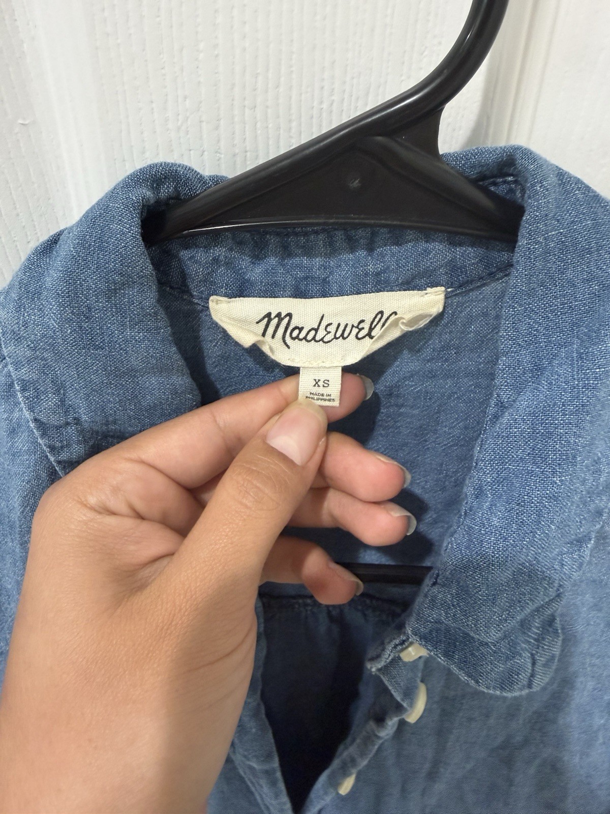Madewell Blue Chambray Linen Cotton Ruffle Short Sleeve Collared Button-Up XS